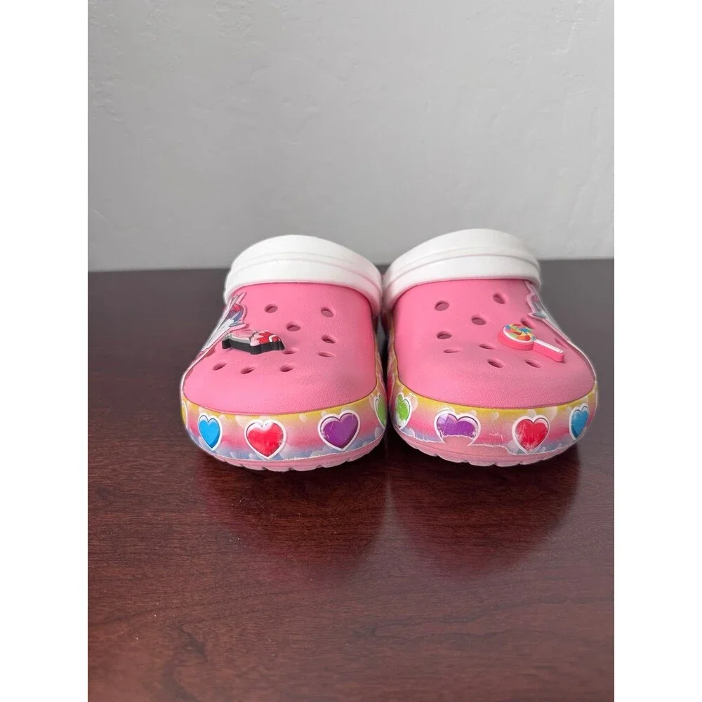 Crocs J1 Kids Pink Unicorn Rainbow Hearts Clogs Jibbitz Shoes Good Condition